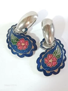 Orecchini Vintage Pendenti Post Cloisonne Paisley Floreale Intarsiato Fiore Firmati Traforati - Foto 1 di 7