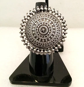 Indian Designer Oxidised Mirror Silver Bollyeood Big Adjustable Free Size Ring - Picture 1 of 6