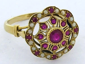 Anillo 759 Genuino 9 quilates Oro Amarillo SÓLIDO NATURAL Rubí y Perla Estilo Vintage Talla N - Imagen 1 de 1