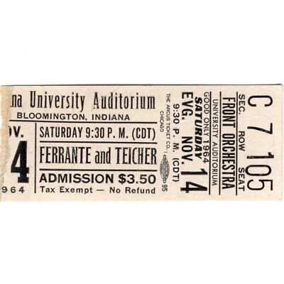 FERRANTE & TEICHER Concert Ticket Stub BLOOMINGTON INDIANA 11/14/64 UNIVERSITY - Image 1 of 2
