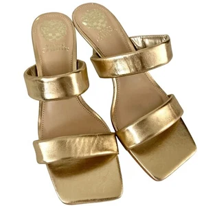 Vince Camuto Aslee Gold Metallic Two-Strap Square Toe Heeled 7 Dress Sandals - Picture 1 of 8
