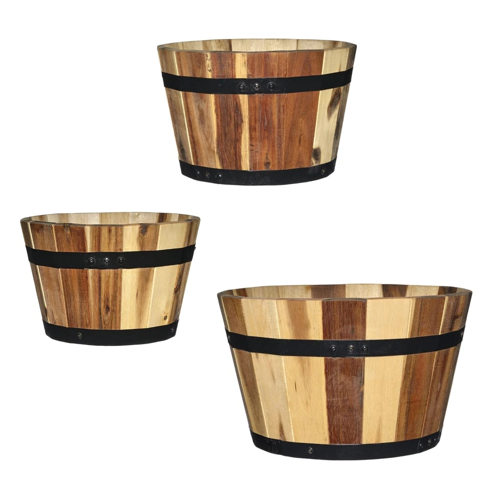 Classic Home and Garden 5/800/3 Wood Barrel Set of 3 Planters 1 Pack Acacia