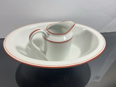 Chastagner & Co. Limoges Borde Rojo CNR8 10" Ovalado Vegetal y 4" Crema Francia Foto 1 de 4