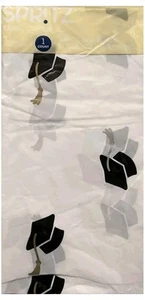 White Plastic Table Cloth 52 X 108" W/ Black Graduation Caps(EY489-94) - Picture 1 of 1