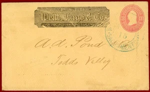 US 3c GW Pink Envelop, w/PAID Wells Fargo & Co., Scramento to Todd Valley - Picture 1 of 2
