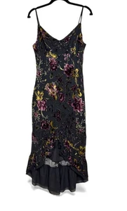 BetseyJohnson Burnout Velvet Black Floral Midi Slip Dress M High Low Ruffle Hem - Picture 1 of 12