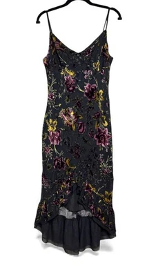 Vestido BetseyJohnson Burnout Terciopelo Negro Floral Midi Sin Mangas M Alto Bajo Volantes Dobladillo Foto 1 de 4