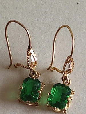 2CT Emerald Cut Lab Created Emerald Women's Drop Earrings 14K Yellow Gold Finish - Image 1 of 4