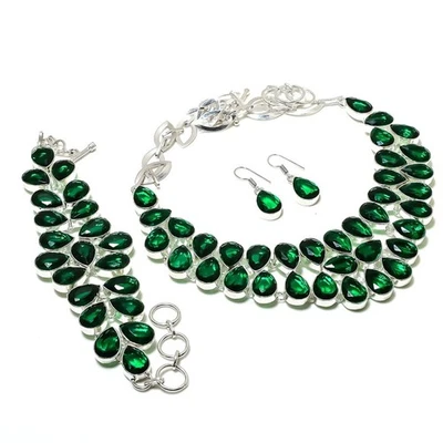 Conjunto de joias de prata esterlina 925 feitas à mão com pedra preciosa diópsido cromada facetada i725 - Imagem 1 de 4