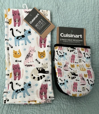 Набор из 2 кухонных полотенец Cuisinart Whimsical CATS 100% хлопок и 2 перчаток для духовки - Изображение 1 из 4