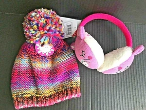 Mädchen Winter Accessoire Paket - 1 Strickmütze & 1 Ohrenschützer rosa & bunt -i - Bild 1 von 12