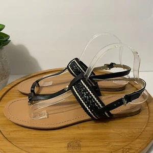 Tommy Hilfiger Black Slingback Sandals Braided Detail T-Strap Flats Size 10 - Picture 1 of 7
