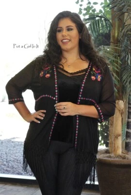 PLUS SIZE Womens BLACK FLORAL EMBROIDERED CHIFFON CARDIGAN KIMONO WRAP 1X 2X 3X - Image 1 of 4