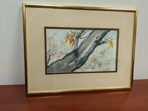 Laura Batt Aquarell Gemälde Herbstzweig mit Blättern Vintage Goldrahmen 1980 - Bild 1 von 9