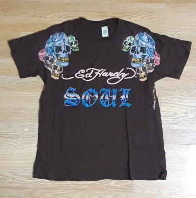 复古 Ed Hardy Christian Audigier Soul Skulls 男式中号棕色双面衬衫 — 第 1/4 张图片