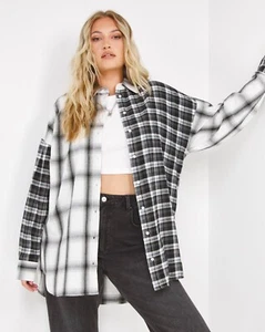 Simply Be Oversized Dipped Back Mixed Check Shirt Black White Plus Size 30 EU 58 - Picture 1 of 10