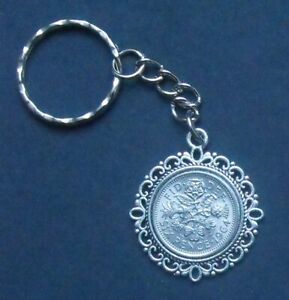 1954 lucky Sixpence coin 70th birthday retirement key ring Wedding present bag x