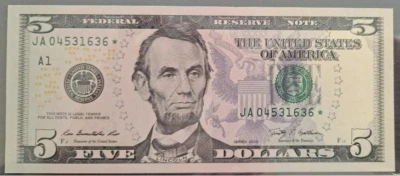 Federal Reserve NOTE - FRN - 2009 $5 – JA/* – Gem Uncirculated Star note - Image 1 of 2