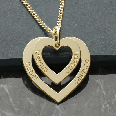 9ct Yellow Gold Personalised Double Heart Engraved Pendant Necklace & Chain Gift - Image 1 of 3