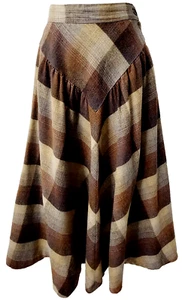 Space Legs Wool Flare Skirt XS High Waist A Line Brown Plaid Boho Hippie Vintage - Picture 1 of 9