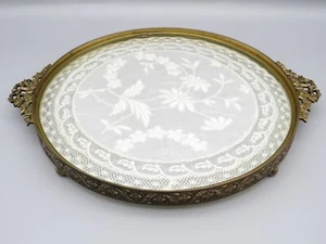 Antique E & J.B. Empire Art Gold Brass Ormolu Dresser Footed Tray w/ Lace Doily - Picture 1 of 22