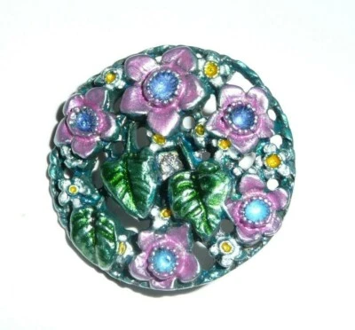 Wonderful Pink Flowers Colored Antique Repro Floral Metal Shank Button 1-3/16" - Image 1 of 4