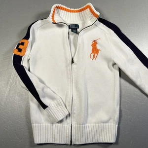Polo Ralph Lauren Sweater Boys Medium 10-12 White Full Zip Big Pony Knit Jacket - Picture 1 of 7