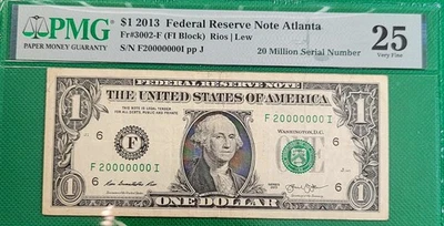 Millionaire Note Fancy Serial Number One Dollar Bill VERY FINE 25 PMG F20000000I - Image 1 of 2