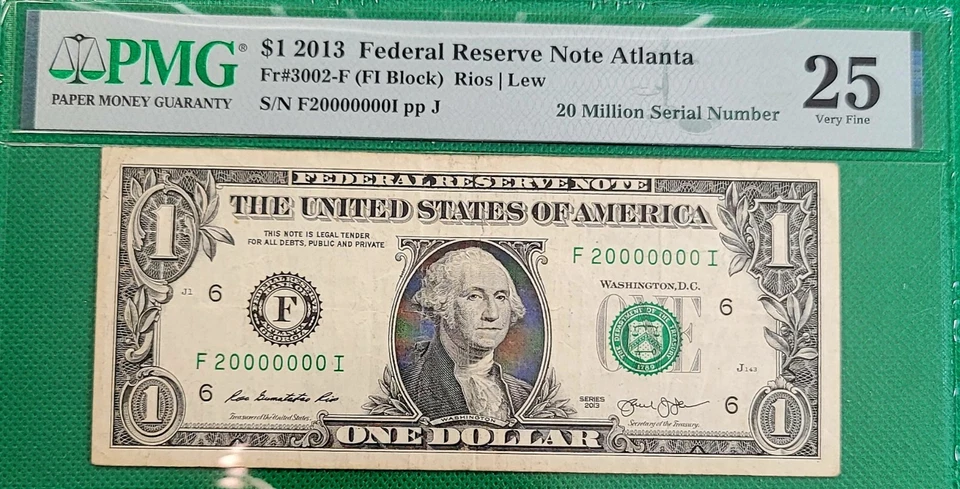 $1 UNIQUE 2013 F "MILLIONAIRE" SERIAL  PERFECT FOR COLLECTORS  25 PMG F20000000I - Image 1 of 2