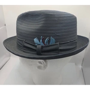 Vintage Dobbs Fifth Avenue Black Pocket Hat Blue Feather Fedora Hat Size 7 3/8 - Picture 1 of 13