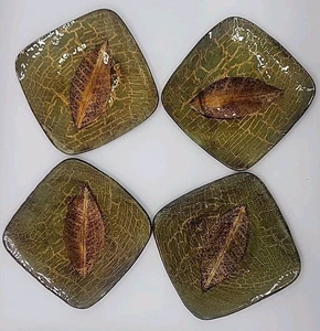 (4) BOHO CHIC Glass Appetizer Plates with  Gold & Green Crackle Finish w/ Leaf - Picture 1 of 20