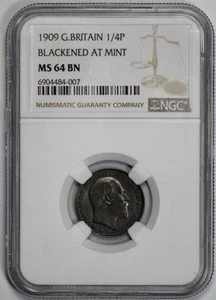 1909 Great Britain 1/4P Farthing NGC MS 64 BN Blackened at Mint - Picture 1 of 4