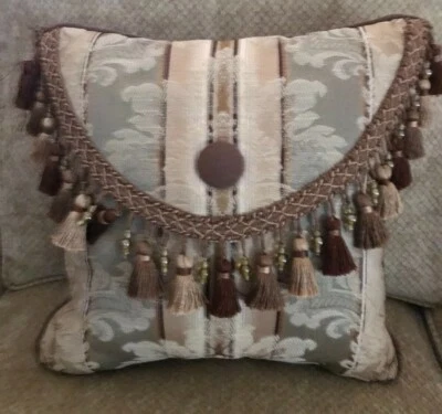 Custom Made Designer Decorative Bed Throw Accent Pillow Tassels Sequins Beige - Image 1 of 3