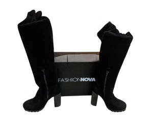 Fashion Nova Sz 7 Over The Knee Veronica Boots Black V-Suede High Heel Side Zip - Picture 1 of 19