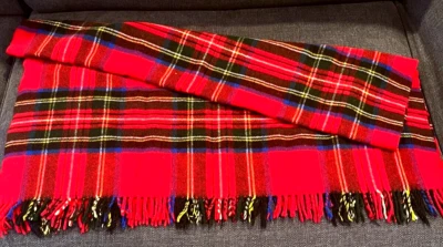 Cobertor de acampamento vintage de lã com franjas xadrez vermelho clássico tartan 33X50 Inglaterra - Imagem 1 de 4