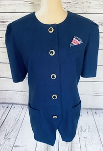 Women’s Size 12 Blouse Leslie Fay Blue Short Sleeves Button Down Pockets Soft - Picture 1 of 12