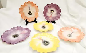 Set of 6 Fitz and Floyd Purple yellow Pink Pansy Flower Ceramic Plates 7 in - Picture 1 of 15