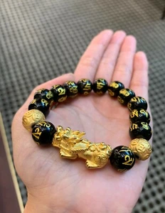 FengShui Obsidian Alloy Wealth Golden Pixiu Bracelet - Picture 1 of 7
