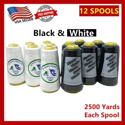 12 Big Spools Sewing Thread Polyester WHITE & BLACK  2500 Yards Each Spool NEW - Image 1 of 3