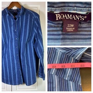 Camisa Blusa Roamans Rayas Mujer Talla Grande 22W Abotonada Azul Iglesia Oficina - Imagen 1 de 12