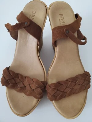 竹软木楔形锦缎带凉鞋 7 码皮革鞋面高跟鞋 — 第 1/4 张图片