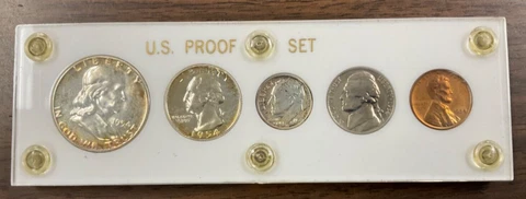 1954 U.S. Silver Proof Set of 5 Coins in used Capital Plastics Holder. Toning Cover