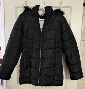 Justice Black Jacket Coat Girls Size L  12/14 Large Children Kids Faux Fur Hood - Picture 1 of 6