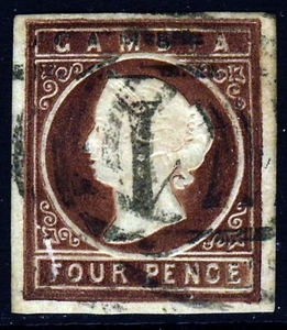 GAMBIA Queen Victoria 1869 4d. Braun IMPERFORATE ohne Wasserzeichen SG 1 VFU - Bild 1 von 2