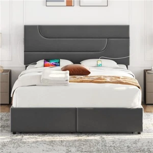 Queen Upholstered Bed w/ USB Charging Station/4 Storage Drawers, Dark Gray/Beige - Picture 1 of 3