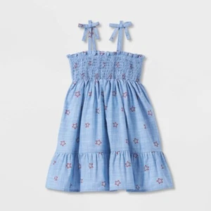 Girl's Cat and Jack Chambray Stars Sundress Patriotic Smocked Dress Red Blue 3T - Picture 1 of 6
