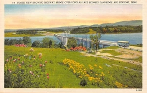 Postcard TN: Sunset, Bridge over Douglas Lake, Dandridge, Tennessee, Linen - Picture 1 of 2
