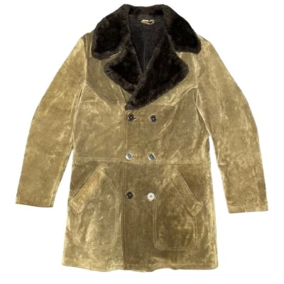 Vintage Double Breasted Suede Coat Genuine Leather Jacket Faux Fur Classic Retro - Image 1 of 4