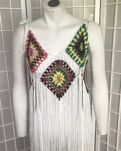 Granny Square Diamond Crochet Knit Long Fringe Cami Dress One Size Boho Festival - Picture 1 of 19