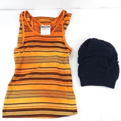 Vestido Moschino Naranja Rayas y Gorro Tejido Azul Marino - Talla Estimada US 4 Lote de 2 Foto 1 de 4